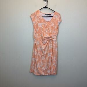 Lands End Womens Medium Ruched Floral Tropical Faux Wrap Dress Fit Flare Orange